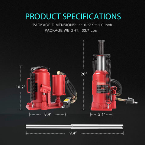 SPECSTAR red 20-ton air-hydraulic bottle jack for auto repair; front and side views with lifting rod.