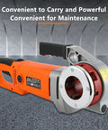 Heavy-Duty Electric Pipe Threader For One Half To 2 Inch Conduit With Integrated Hinge Wrench and Tapping Pack, orange handheld tool.