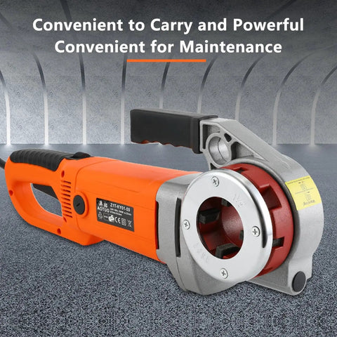 Heavy-Duty Electric Pipe Threader For One Half To 2 Inch Conduit With Integrated Hinge Wrench and Tapping Pack, orange handheld tool.