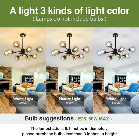 8 Light Chandelier Pendant Lighting Black With Glass Globes Dope Vintage Sputnik Ceiling Light Fixture in three color temperatures