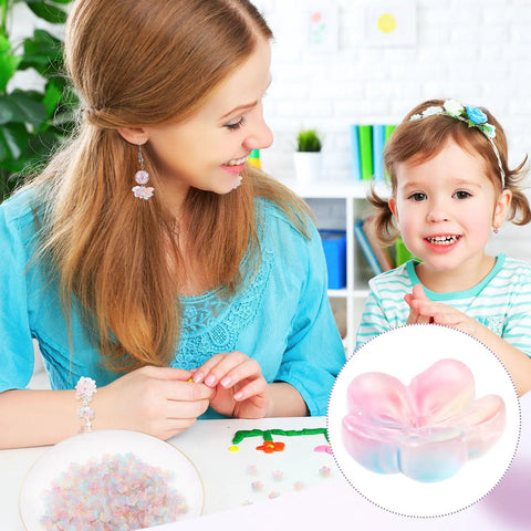Mother and daughter making crafts with Plum Blossom Five Petal Gradient Acrylic Flower Beads 100 Pieces Pink Blue DIY Friendly Jewelry Making Hair Accessories Bracelets Earrings Halloween Christmas Craft Supplies