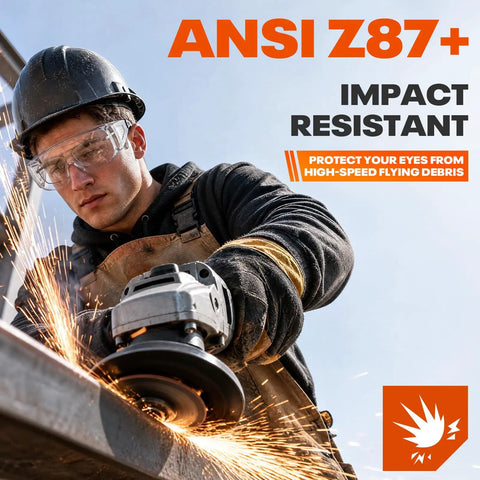 Tough As Nails Safety Glasses Designed To Fit Snug Over Eyeglasses Without Pinching Featuring Z Eighty Seven Impact Rating, in use with grinder.