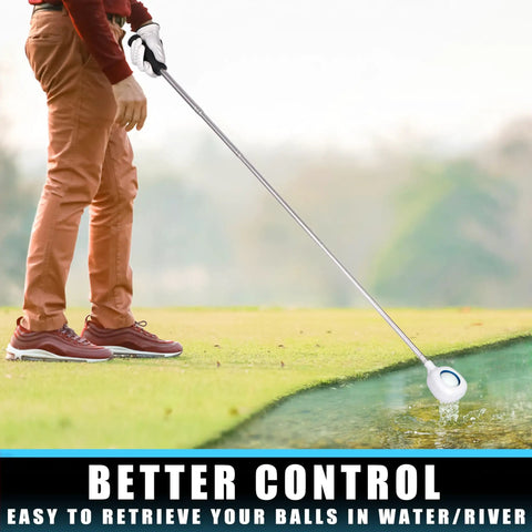 Person using Performance Golf Ball Retriever With Thick Stainless Steel Shaft And Rubber Grip to pick up ball from water