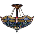 Sunniva Dragonfly Tiffany-Style Two-Light Dark Bronze Semi-Flush Ceiling Fixture With Handcrafted Stained Glass Shade, 16-Inch Wide