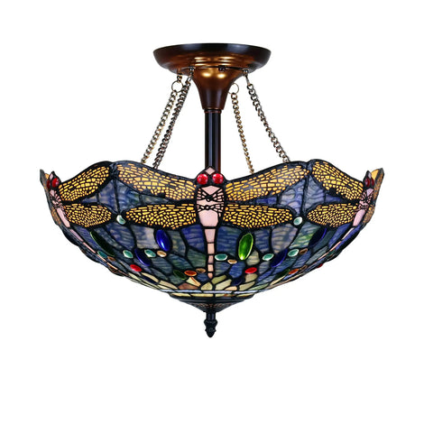 Sunniva Dragonfly Tiffany-Style Two-Light Dark Bronze Semi-Flush Ceiling Fixture With Handcrafted Stained Glass Shade, 16-Inch Wide