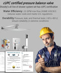 Wall Mounted Rain Shower System With 10 Inch Rain Head And Handheld Spray Pro Grade Spa Like Shower Experience High Pressure Luxury Shower Combo With Rough In Valve And Chrome Finish, cUPC certified pressure balance valve, and man in construction gear.