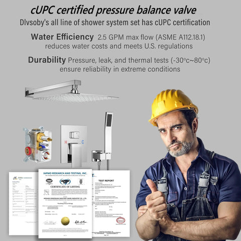 Rain Shower System With 10 Inch Wall Mount Faucet Waterfall Bathtub Spout Handheld Spray Rough In Valve And Trim Kit Chrome Polished High Pressure Water Saving Bath Shower Set For Luxury Homes displayed with certifications and man in hard hat.