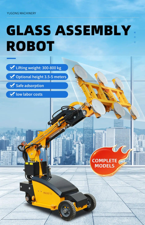 Industrial Grade Electric Vacuum Glass Lifter With Smooth 360 Degree Swivel Handle For Moving Heavy Mirror Panels Without Breaking A Sweat On Any Job Site Or Warehouse Floor, featuring a glass lifting robot in action.
