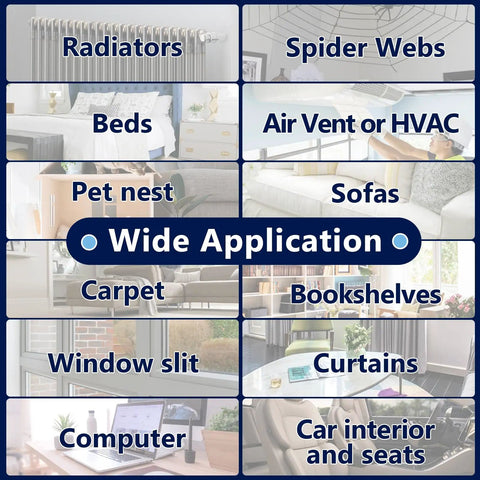 Image showing various applications for the Seven Piece Horse Hair Vacuum Attachment Set With Round Dusting Brush Attachments And Adapters For Most Vacs Includes One And A Quarter Inch Vacuum Hose Adapters For Easy Swaps And Deep Cleaning, including radiators, beds, sofas, carpet, and curtains.