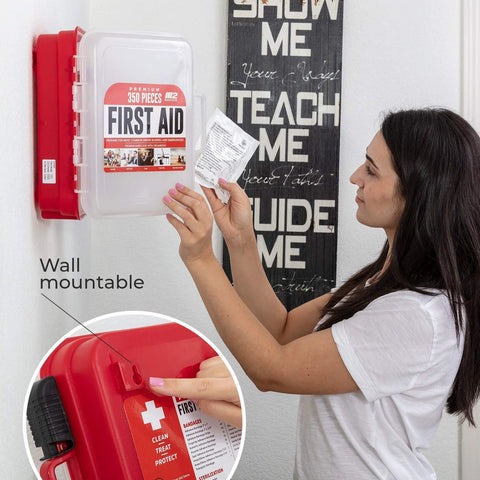 Red wall-mounted dual-layer hard-case first aid kit with clear lid, 350 pieces