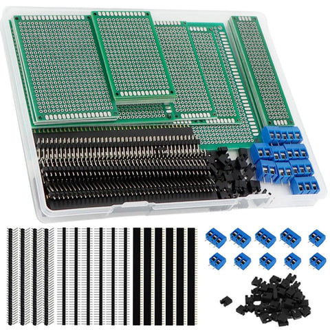 174-Piece PCB Prototype Kit With Double-Sided Perf Boards In Six Sizes, Arduino-Compatible, and Headers Displayed