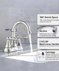 Two Handles Brushed Nickel Bathroom Faucet With Overflow Pop Up Drain For 3 Hole Sinks, 360 Degree Swivel Spout