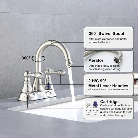 Two Handles Brushed Nickel Bathroom Faucet With Overflow Pop Up Drain For 3 Hole Sinks, 360 Degree Swivel Spout