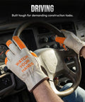 Hi Vis Leather Work Gloves With Orange Tips For Extra Large Hands, Watch Your Hands, Split Cowhide Leather, driving scenario