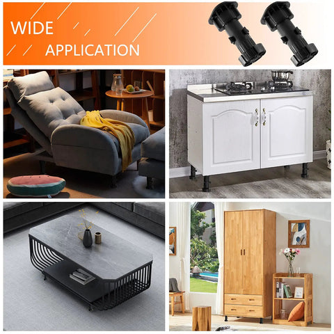12 Pack Black Cabinet Leveler Legs For Furniture Adjustable Feet For Sofa Couch Chair And Cabinets Elevates From Approximately 3.8 Inches To 5 Inches Easy Replacement wide application image