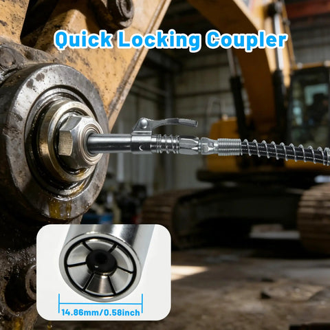 Beefed Up 8000 PSI Heavy Duty Pistol Grip Grease Gun Kit with 14 Oz Capacity used on machinery coupler close-up