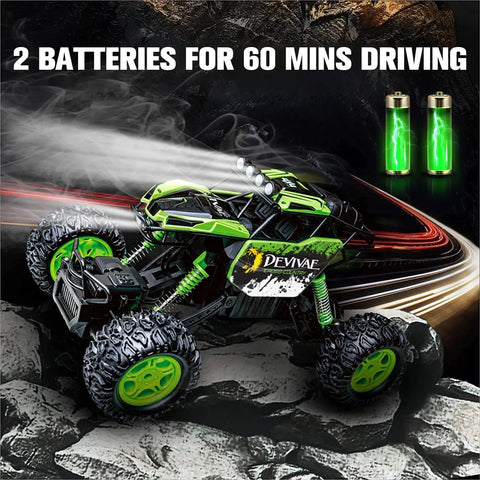 All Terrain RC Monster Truck For Kids With Upgraded Lifting Function 2.4GHz Four Wheel Drive Remote Control Car Toy Gift Delivers About 20 Kilometers Per Hour Speed LED Lights Big Anti Slip Wheels Green on rocky terrain with batteries displayed.