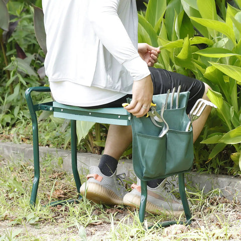 Person using Folding Garden Kneeler Seat With Handles And Pouch, Heavy Duty Yard Chair With Soft Kneeling Pad, Green