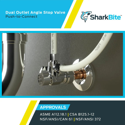 Brass Push To Connect Dual Outlet Angle Stop Valve with Compression Fittings installed on plumbing pipe