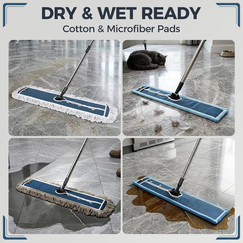 42 Inch Commercial Dust Mop With Extra Wide Flat Head Heavy Duty Swivel Design And Quick Release Handle, cleaning surfaces.