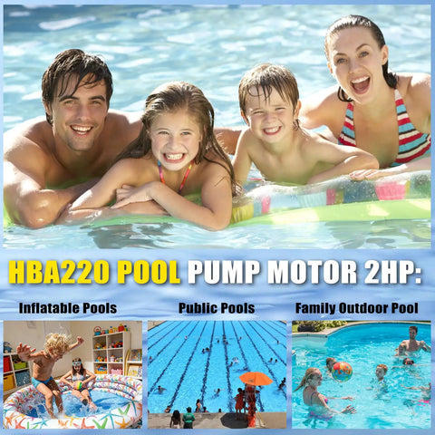 Family enjoying time in the pool; Heavy-Duty 2HP Pool Pump Motor, 230V Single Speed, 56Y Square Flange, 3450 RPMs, No-Sweat Direct Swap.