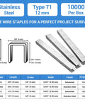 Rock Solid 71/12 304 Stainless Steel Upholstery Staples 22 Gauge 3/8 Crown 1/2 Leg Built Like A Tank Fasteners Per Box.