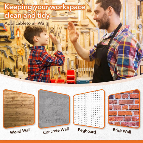 Father and son high-fiving in a workshop organized with 4-Piece Wall Mount Tool Organizer Set With Screwdriver Organizer, Wrench Holder.