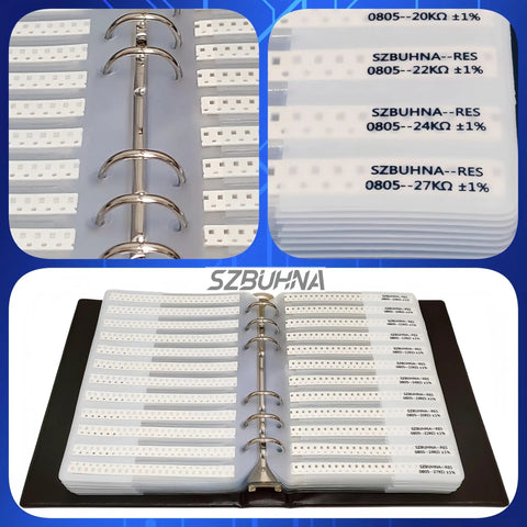 Close-up of Massive SMD Resistor Assortment Kit With 288 Sets In One Handy Sample Book showing organized 0805 resistors.