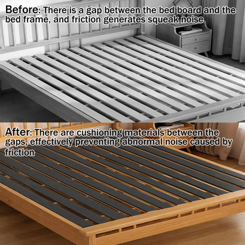 Before and after images showing Heavy Duty Anti Squeak Tape For Queen Bed Slats 0.12 Thick X 1.18 Wide X 32.8 Ft application on slats.