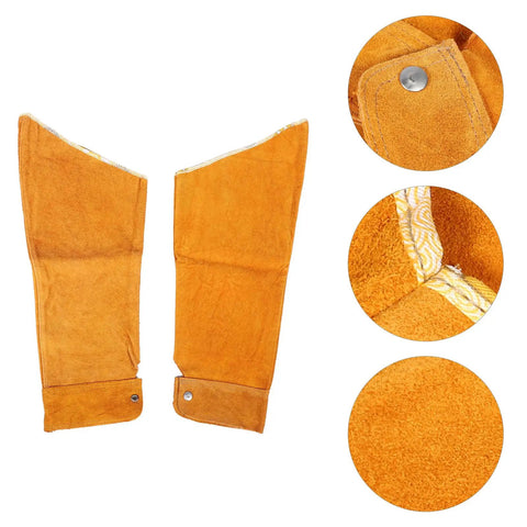 Pro Level Heavy Duty Cowhide Leather Arm Sleeves Heat Resistant Double Layer Welding Oversleeves Yellow Guard close-up details.
