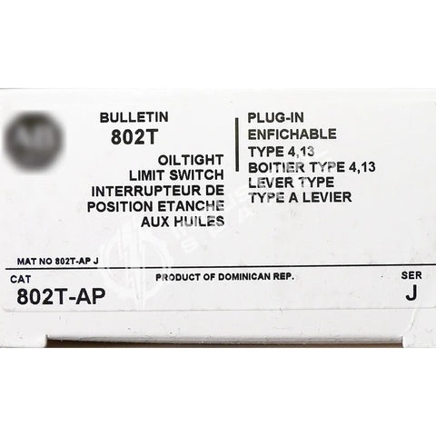 Label of 802T AP Limit Switch Built For Tough Duty with specifications and NEMA 4 and 13 oiltight enclosures details