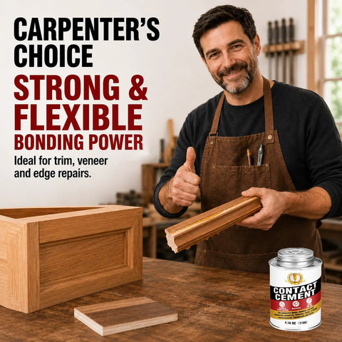 Heavy Duty Contact Cement Adhesive With Brush For Wood Leather Rubber And Laminate Repairs Tough As Nails Neoprene Glue For Shoe Fixing Furniture Trim And Projects 4.16 Oz shown with wood pieces in a workshop.