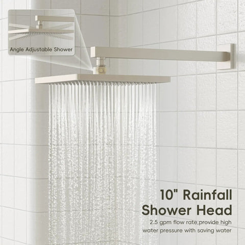 Top Shelf Brushed Nickel Shower System With Ten Inch Rain Head And Grippy Handheld Sprayer Powered By Solid Brass Pressure Balance Valve For Zero Stress Installations