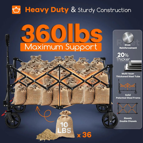 High Capacity 220L Collapsible Wagon Cart With 38 Inch Long Foldable Design Heavy Duty All Terrain Wheels loaded with 360lbs of bags