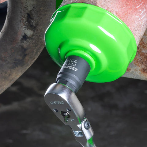 Three Eighths Drive Torque Limiting Adapter For Oil Filter Canister Caps in use with ratchet, set to 25 Nm torque limit.
