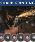 Person using 4 Inch Flap Discs Set For Angle Grinders, 20 Pcs Assorted Grit 40 60 80 120, for metal grinding with sparks.