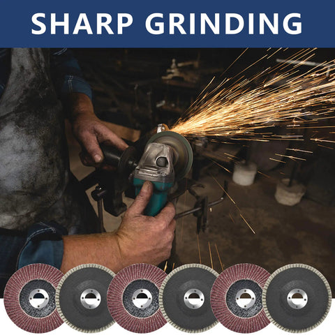 Person using 4 Inch Flap Discs Set For Angle Grinders, 20 Pcs Assorted Grit 40 60 80 120, for metal grinding with sparks.