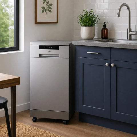 Sick 18 Inch Portable Dishwasher With Energy Star Certified Savings And Genuine Stainless Steel Interior positioned beside a kitchen sink.