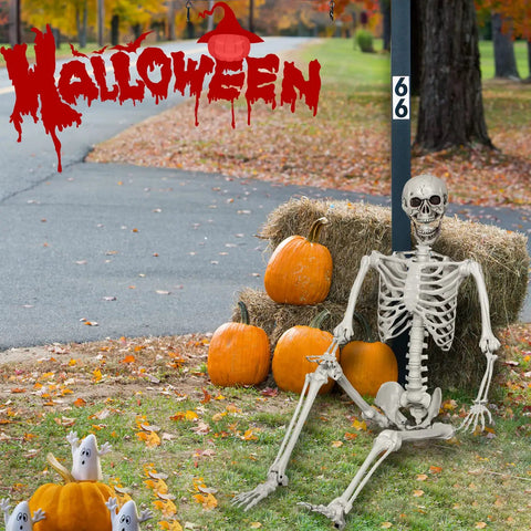 5.4Ft Life Size Halloween Skeleton With Movable Joints, Realistic Poseable Bones outdoors with pumpkins and hay bales