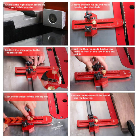 Thin Rip Jig Table Saw Guide for Quick Repetitive Narrow Strip Cuts shown in use with detailed setup instructions.