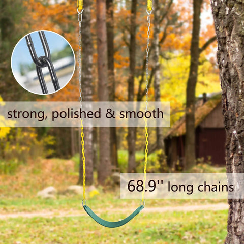 Swing in forest showing Two Pack Heavy Duty Swing Seats With 660 Lb Capacity Anti Rust Chains 68.9 Inch Plastic Coated 23.6 Inch Tree Straps