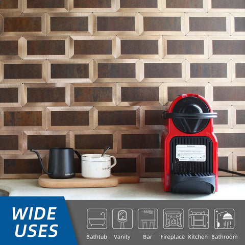 Peel And Stick Kitchen Backsplash Tiles Set 10.24 By 10.31 Inches, Adhesive Metal Copper Look Behind Stove with coffee machine.