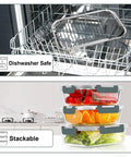 10 Pack 22 Oz Glass Meal Prep Containers With Airtight Locking Lids, BPA Free, in dishwasher and stacked with fruits