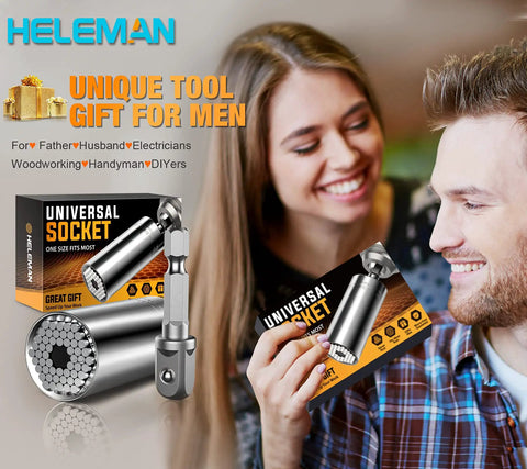 Universal Socket Tool Set With Power Drill Adapter 7 To 19 mm Gift For Him shown in original packaging and in use by a smiling couple.