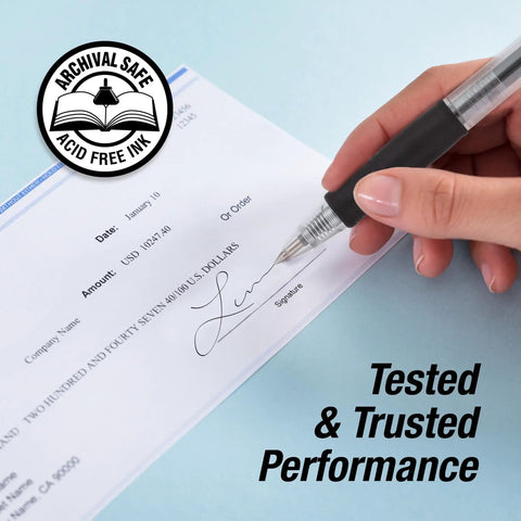 No Mess Smooth Writing Gel Pens Fine Point 0.7mm Black Ink 12 Pack Long Lasting Office Supplies For Note Taking, signing on a check.