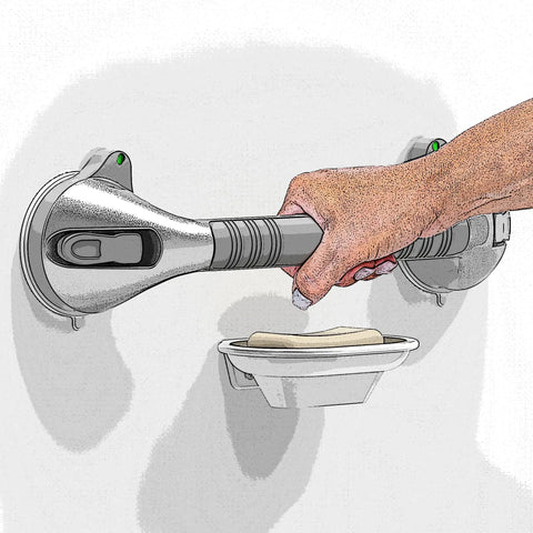 Hand holding 17 Inch Suction Grab Bar Set With Indicators No Drill Easy Install Two Pack For Shower Bathtub And Toilet Balance Boost Steady Handle Dual Tone Silver And Black