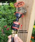 Premium Garden Hose Quick Connect Set With 5-Piece Snap And Lock Fittings, Water Stop, attached to outdoor faucet