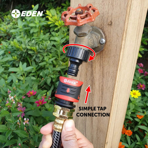 Premium Garden Hose Quick Connect Set With 5-Piece Snap And Lock Fittings, Water Stop, attached to outdoor faucet