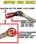 Detailed view of the push-to-lock chuck design from the Heavy Duty Tire Inflator Gauge With Backlit Digital Readout 150 PSI