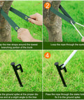 Heavy Duty Tree Stakes And Ground Anchor Kit For Young Trees Weatherproof Support System Includes 3 Metal Stakes 3 Straps And 32.8 Ft Rope Built To Stand Up To Severe Weather And Strong Winds installation steps showing use of tree straps and stakes.